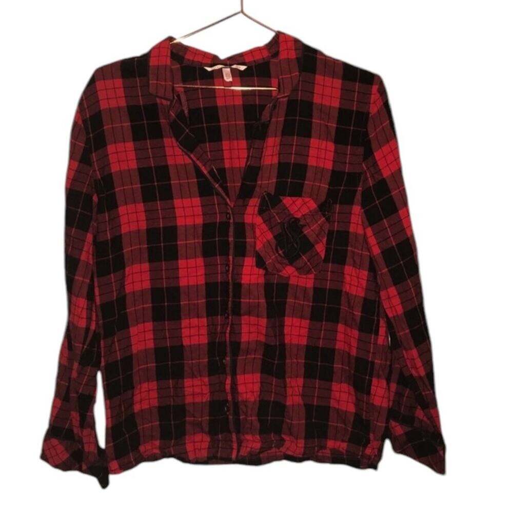 Victoria Secret Small Pajama Top Red Black Plaid Embroidered Chest Pocket